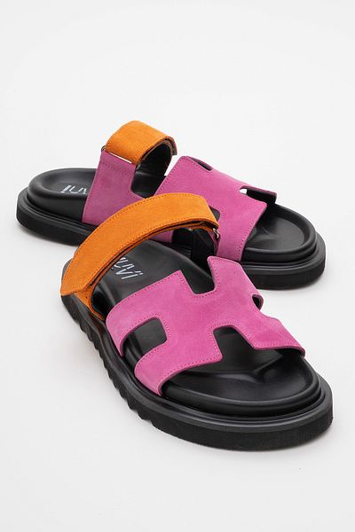 LuviShoes شبشب نسائي من جلد الغزال باللون الفوشيا والبرتقالي - MORTE جلد طبيعي