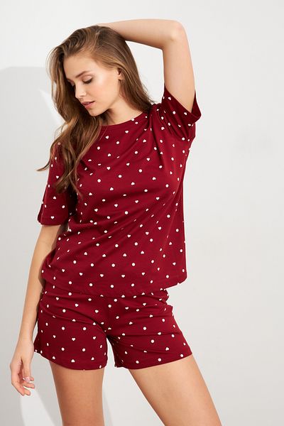Cool & Sexy Women's Burgundy Heart Polka Dot Pajamas Suit Han300