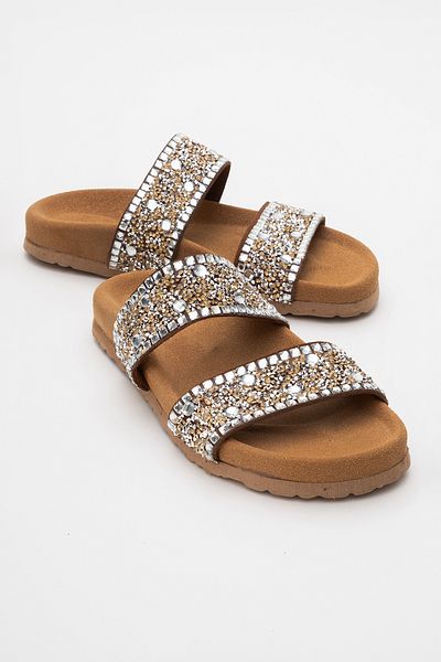 LuviShoes JAMES Tan Stone Double Banded Genuine Leather Women's Slippers