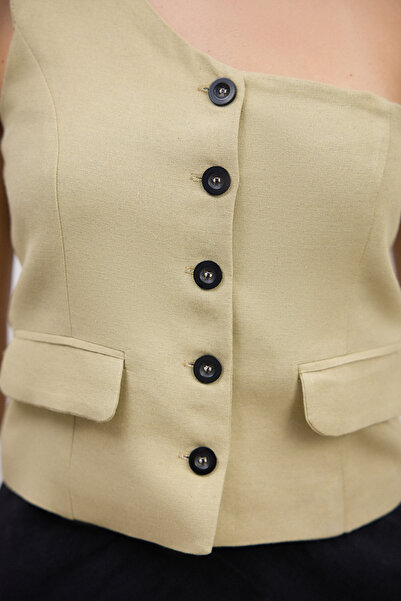 Trendyol Collection Khaki Fitted Linen Look Single Sleeve Woven Vest Twoss25Ye00086