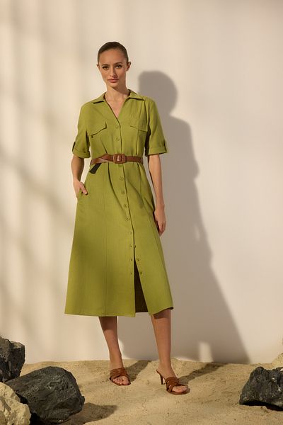 Trendyol Collection Khakifarbenes, gewebtes Midi-Hemdkleid aus Leinenmischung mit Gürtel und Taschendetail