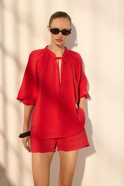 Trendyol Collection Червена 100% ленена риза с мандарин яка TWOSS25GO00134