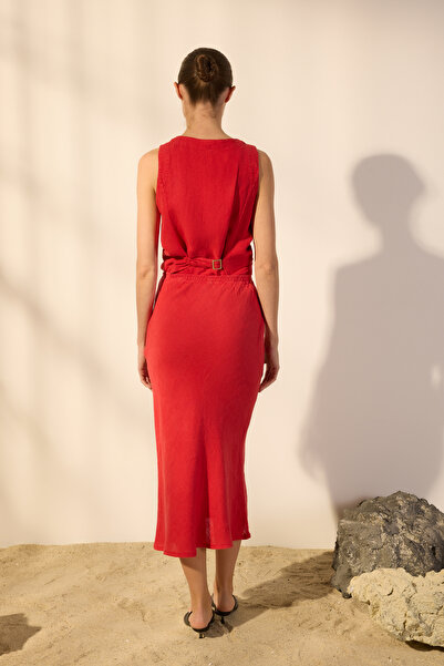 Trendyol Collection Red 100% Linen Elastic Waist High Waist Midi Skirt Twoss24Et00152