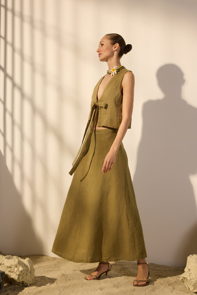 Trendyol Collection Khaki 100% Linen Midi Flounce Skirt Twoss25Et00137