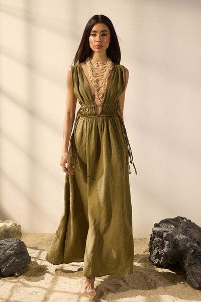 Trendyol Collection Khaki Maxi vászon strandruha - ráncolt részlet TBESS25EL00105