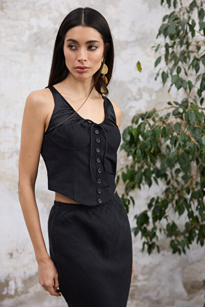 Trendyol Collection Μαύρο λινό με σατέν λεπτομέρεια εφαρμοστή μπλούζα με λουράκι