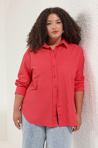 Trendyol Curve Red Boyfriend Oversize Woven Shirt Tbbss22Go0323