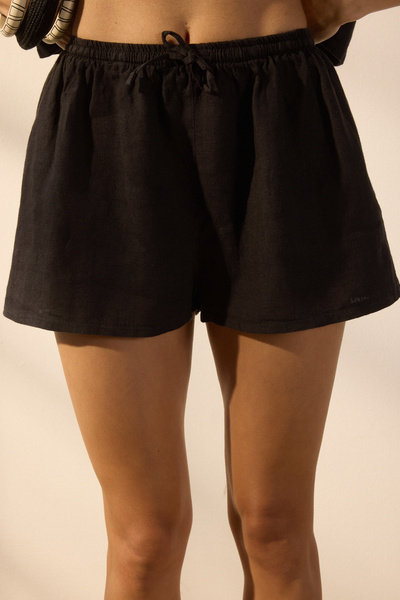 Trendyol Collection Black Woven 100% Linen Beach Shorts Tbess25Sr00013