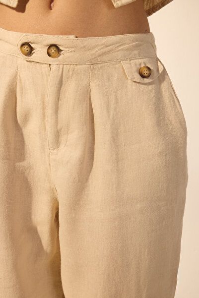 Trendyol Collection Beige Linen Barrel Pants with Belt Detail
