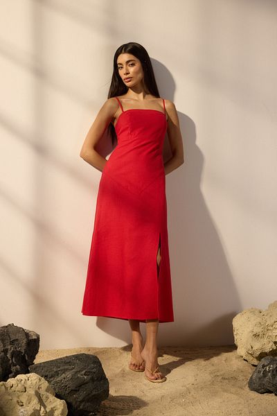 Trendyol Collection Rotes Maxi-Webkleid in A-Linie aus Leinenmischung TWOSS25EL00644