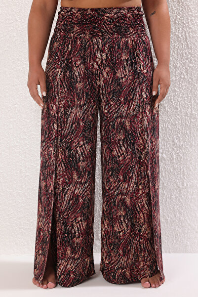 Trendyol Curve Καφέ Ζώο με μοτίβο μέσης Ghecheed Φαρδύ πόδι Παντελόνι παραλίας μεγάλου μεγέθους TBBSS25AR00010