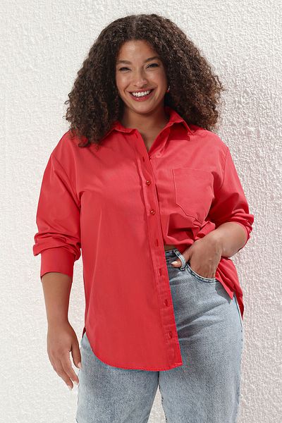 Trendyol Curve Red Boyfriend Oversize Woven Shirt Tbbss22Go0323