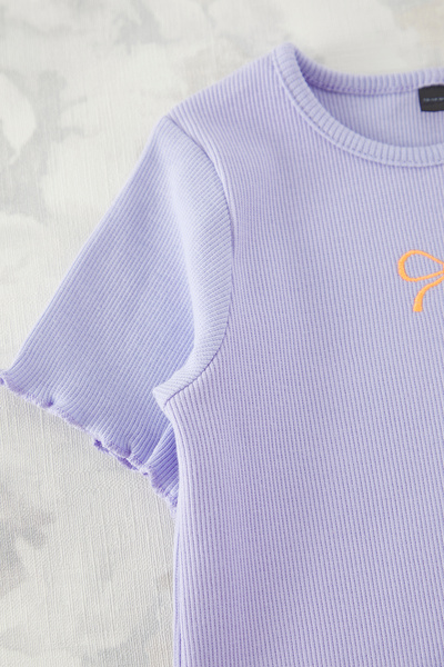 TRENDYOLKIDS Lila pamut szalaggal hímzett rövid ujjú kislány kötött alsó felső szett TKDSS25AU00135