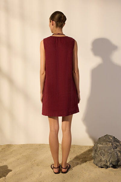 Trendyol Collection Burgundy 100% Linen Button Detail Mini Dress Twoss25El00613