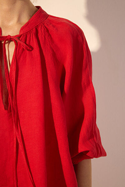 Trendyol Collection Red 100% Linen Judge Collar Shirt Twoss25Go00134