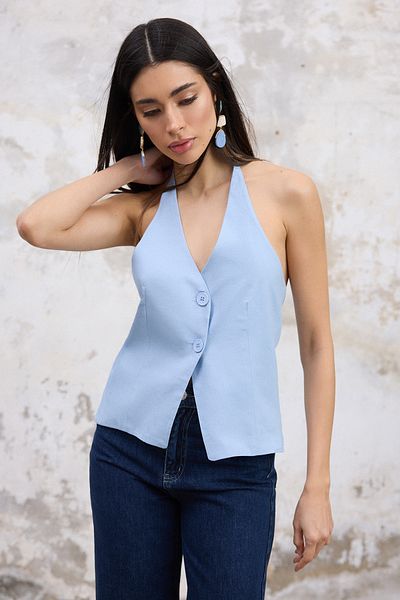 Trendyol Collection Blue Regular Linen Look Halter Neck Regular Vest Twoss25Ye00096