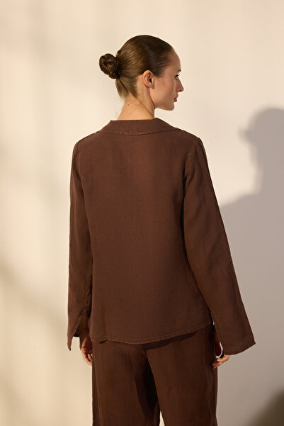 Trendyol Collection Brown 100% Linen Lacing Detailed Shirt Twoss25Go00124