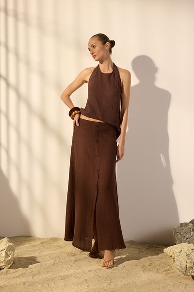 Trendyol Collection Καφέ 100% λινό με κουμπιά λεπτομερή μίντι φούστα TWOSS25ET00144