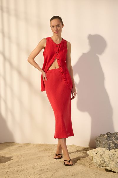 Trendyol Collection Red 100% Linen Elastic Waist High Waist Midi Skirt Twoss24Et00152