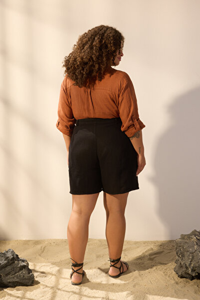 Trendyol Curve Black 100% Linen Woven Shorts & Bermuda Tbbss25Ap00038