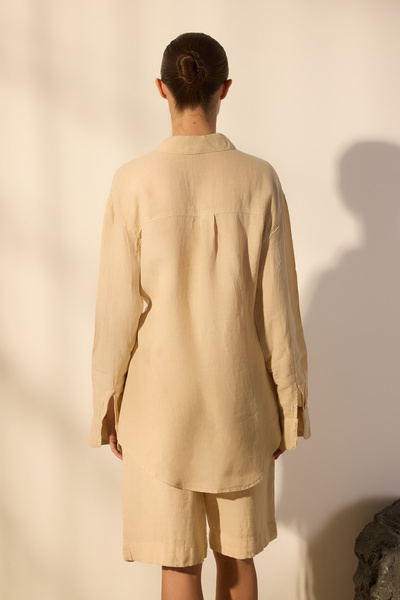 Trendyol Collection Beige 100% Linen Double Breasted Lacing Detailed Shirt Twoss25Go00129