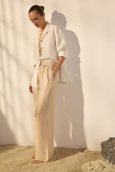 Trendyol Collection Beige 100% Linen Waist Binding Detail High Waist a New Trial for Easy Grip Suitable for Brochure