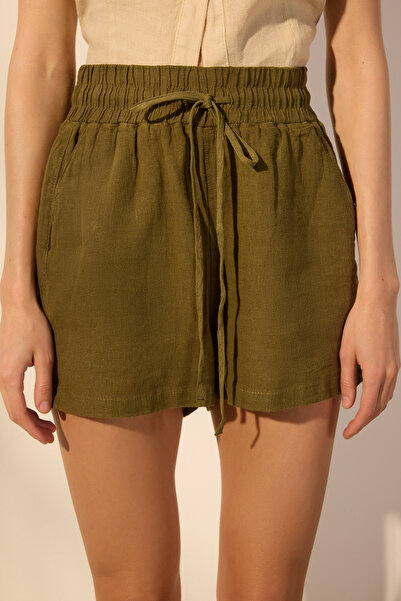 Trendyol Collection Khaki 100% Linen Elastic Waist High Waist Shorts Twoss23Sr00319