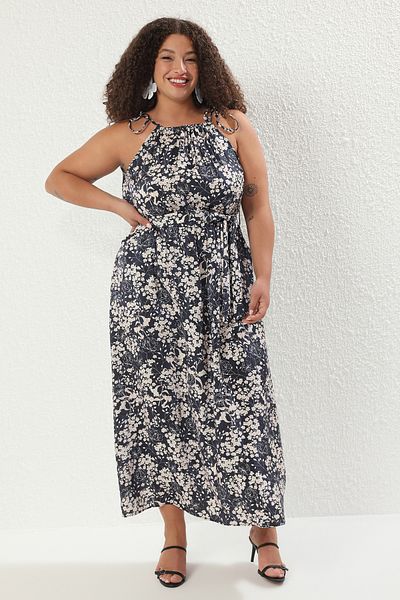 Trendyol Curve Multicolored Floral Midi Length Bright Fabric Woven Plus Size Dress Tbbss25Ah00204