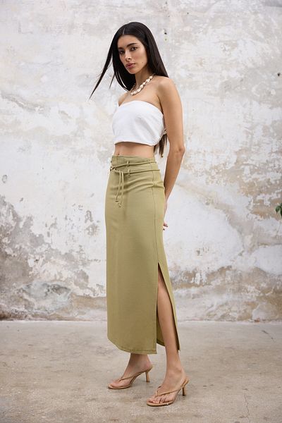 Trendyol Collection Spódnica maxi z tkaniny w kolorze khaki z rozcięciem z boku i wzorem lnianym Twoss25Et00124