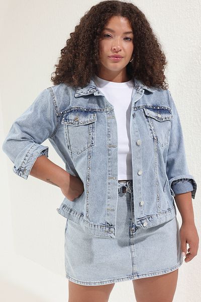 Trendyol Curve Blue Trock Oversized Denim Jacket Tbbss25Ag00002
