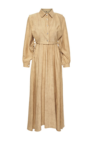 Edit by Trendyol Beige Two-Piece Linen Look Woven Dress Tedss25Eb00000