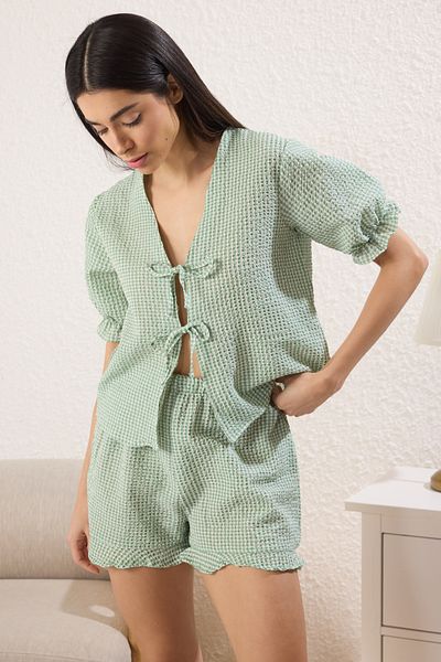 Trendyol Collection Green Textured Gingham Tie/Ribbon/Bow Detail Shorts Woven Pajama Set Thmss24Pt00149