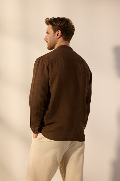 Trendyol Collection Кафява прекалено голяма риза от 100% лен, ограничена серия TMNSS24GO00057