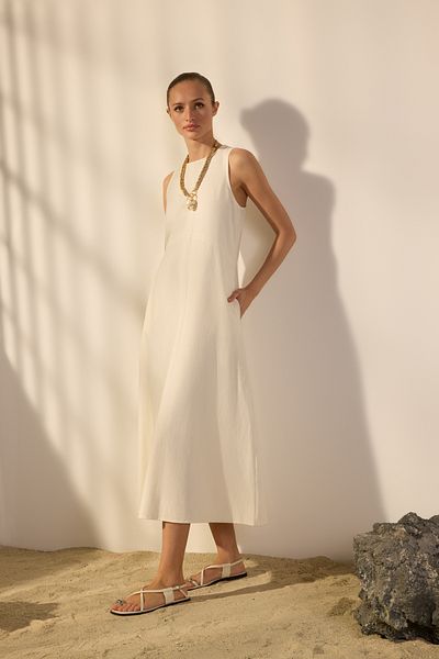 Trendyol Collection Λευκό λινό μικτό μίντι υφαντό φόρεμα με ραφές και λεπτομέρεια τσέπης