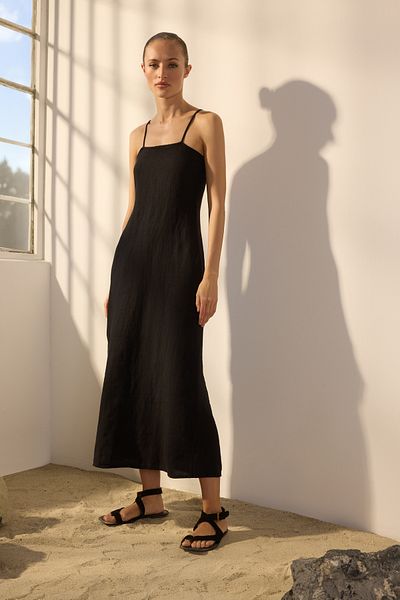 Trendyol Collection Black 100% Linen Basic Midi Dress Twoss25El00606