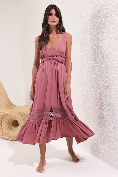 Trendyol Collection Φόρεμα παραλίας με λεπτομέρεια από υφαντό τριαντάφυλλο μάξι TBESS25EL00064