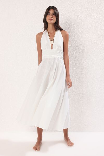 Trendyol Collection Weißes gewebtes Midi-Strandkleid mit Neckholder aus 100 % Baumwolle TBESS25EL00129