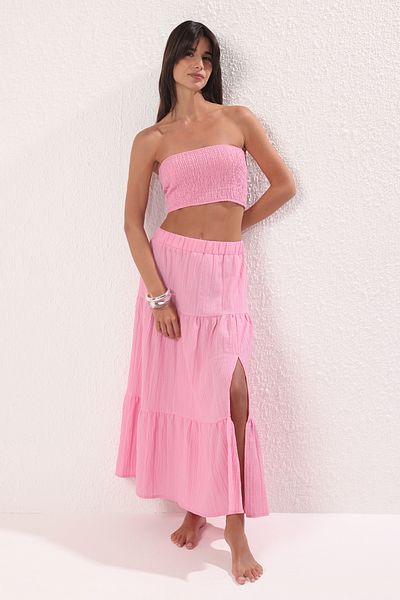 Trendyol Collection Pink Textured Strapless Textured Blouse Skirt Beach Suit Tbess25Au00045