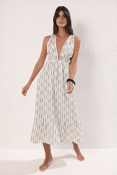 Trendyol Collection Black Line Patterned Maxi Woven Beach Dress Tbess25El00108