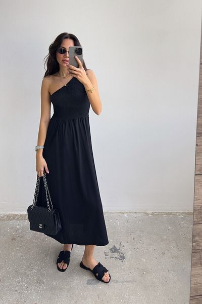 Trendyol Collection Μαύρο μασίφ Gipeli Midi μονό μανίκι πλεκτό φόρεμα TWOSS25EL00540