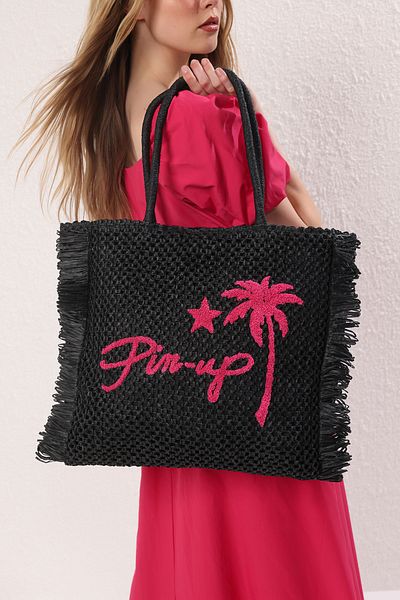 TRENDYOL SHOES Black Embroidered Tassel Detailed Straw Women Maxi Tote Shoulder Bag Takss25Oc00049
