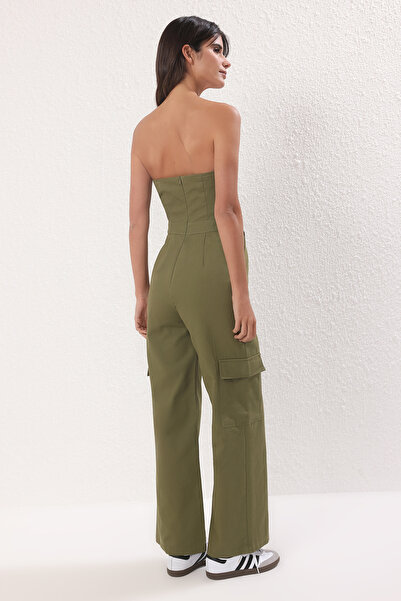 Trendyol Collection Khaki Cargo Pocket Strapless Neck Maxi Woven Jumpsuit Twoss23Tu00192