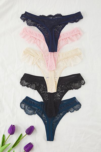Trendyol Collection Blau & Mehrfarbig 5 Münzen Pack Tüll Spitze Detail Tanga Gestrickte Höschen