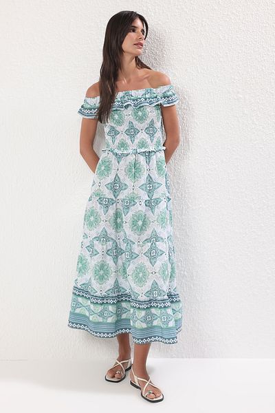 Trendyol Collection Πράσινο φλοράλ φόρεμα σε γραμμή Α με λεπτομέρεια Gipe TWOSS25EL00195