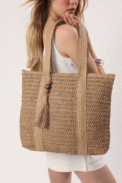 TRENDYOL SHOES Camel Tassel Charm Detailed Straw Women Maxi Tote Shoulder Handbag Takss25Oc00067