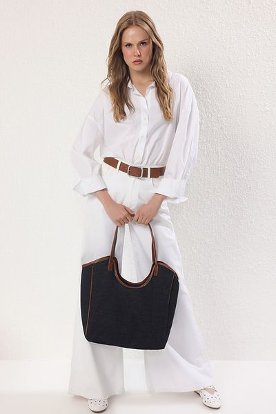 TRENDYOL SHOES Marineblaue Kontrast-Denim-Damen-Maxi-Tote-Shopper-Umhängetasche TAKSS25OC00024