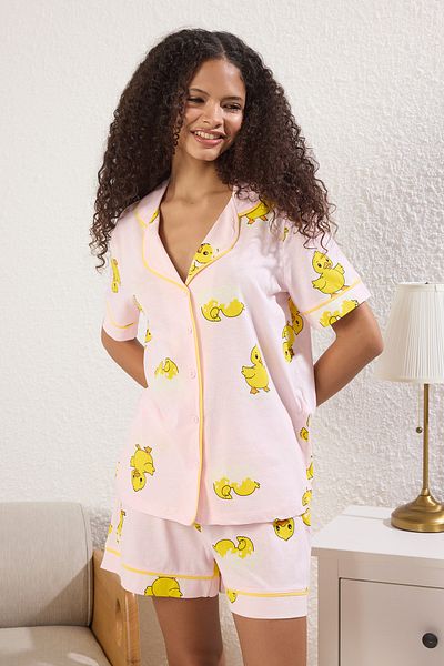 Trendyol Collection Piping 100% Cotton Pink Joint Pattern Pajamas Set Thmss25Pt00300