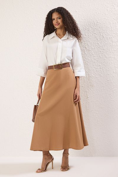Trendyol Modest Light Brown Lined Plain Woven Skirt Tctss25Ee00014
