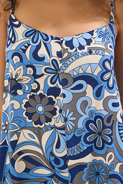 Trendyol Collection Blue Geometric Pattern Straight Cut Midi Woven Dress Twoss25El00044