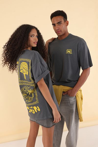 Trendyol Collection Unisex Oversize Printed 100% Cotton T-Shirt - Anthracite Tmnss25Ts00031